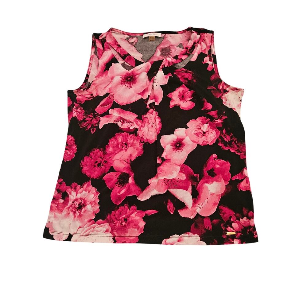 Calvin Klein Floral Sleeveless Blouse Womens Medium Pink Black Twist Neck Top